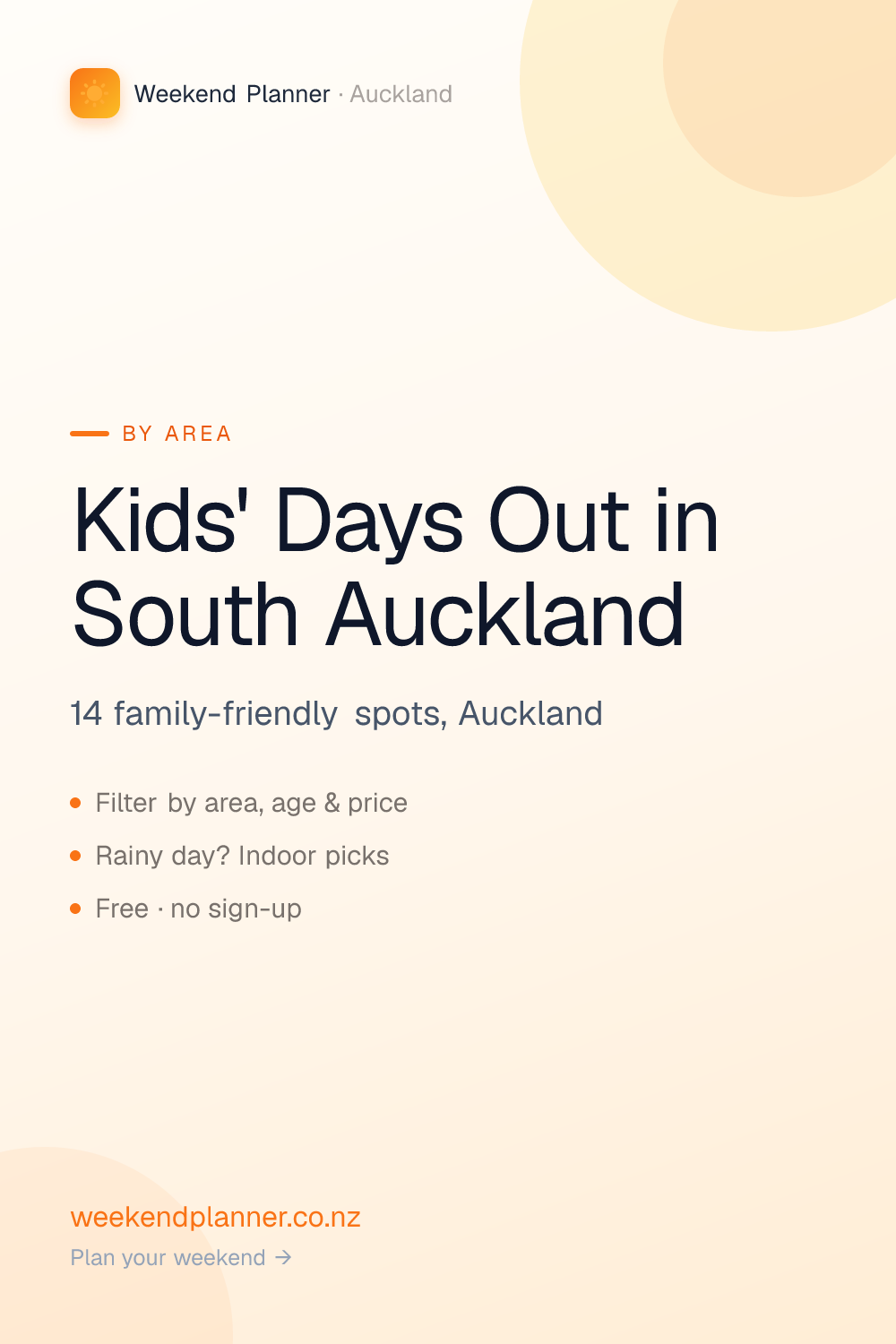 Things to do with kids in South Auckland, Auckland — Manukau, Manurewa, Papakura, Ōtāhuhu, Māngere, Clevedon. Parks, playgrounds, beaches and indoor spots with ages, prices and facilities. Free to browse, no sign-up.
