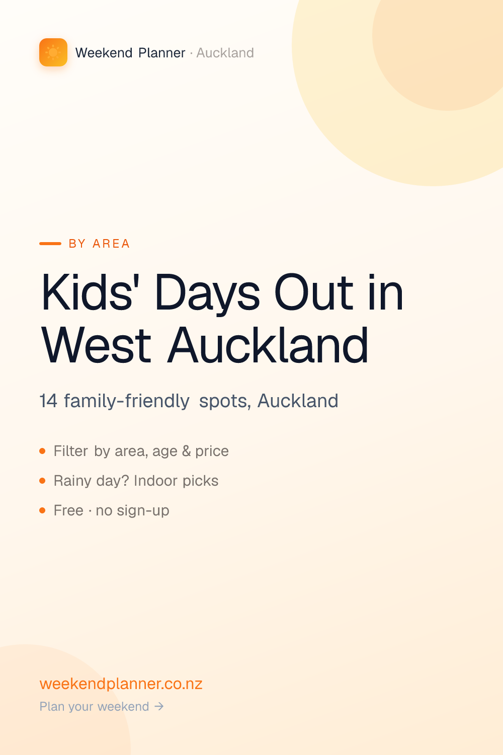 Things to do with kids in West Auckland, Auckland — Henderson, Titirangi, Piha, Bethells, Kumeu, Massey. Parks, playgrounds, beaches and indoor spots with ages, prices and facilities. Free to browse, no sign-up.