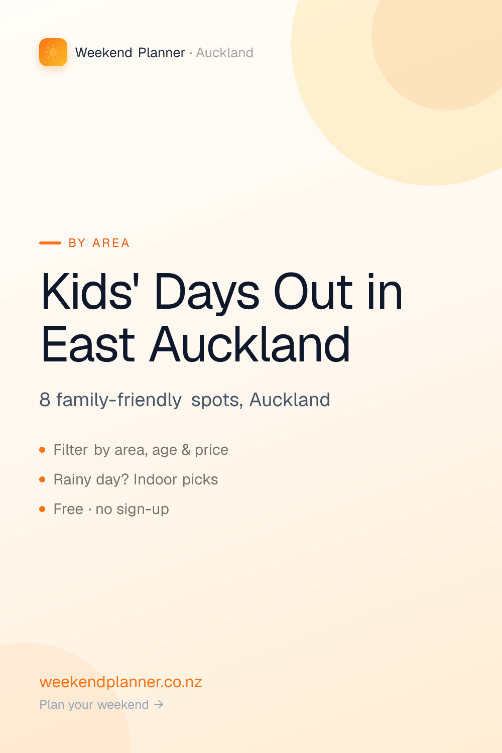 Things to do with kids in East Auckland, Auckland — Pakuranga, Botany, Howick, Cockle Bay, Half Moon Bay, Flat Bush, Maraetai. Parks, playgrounds, beaches and indoor spots with ages, prices and facilities. Free to browse, no sign-up.