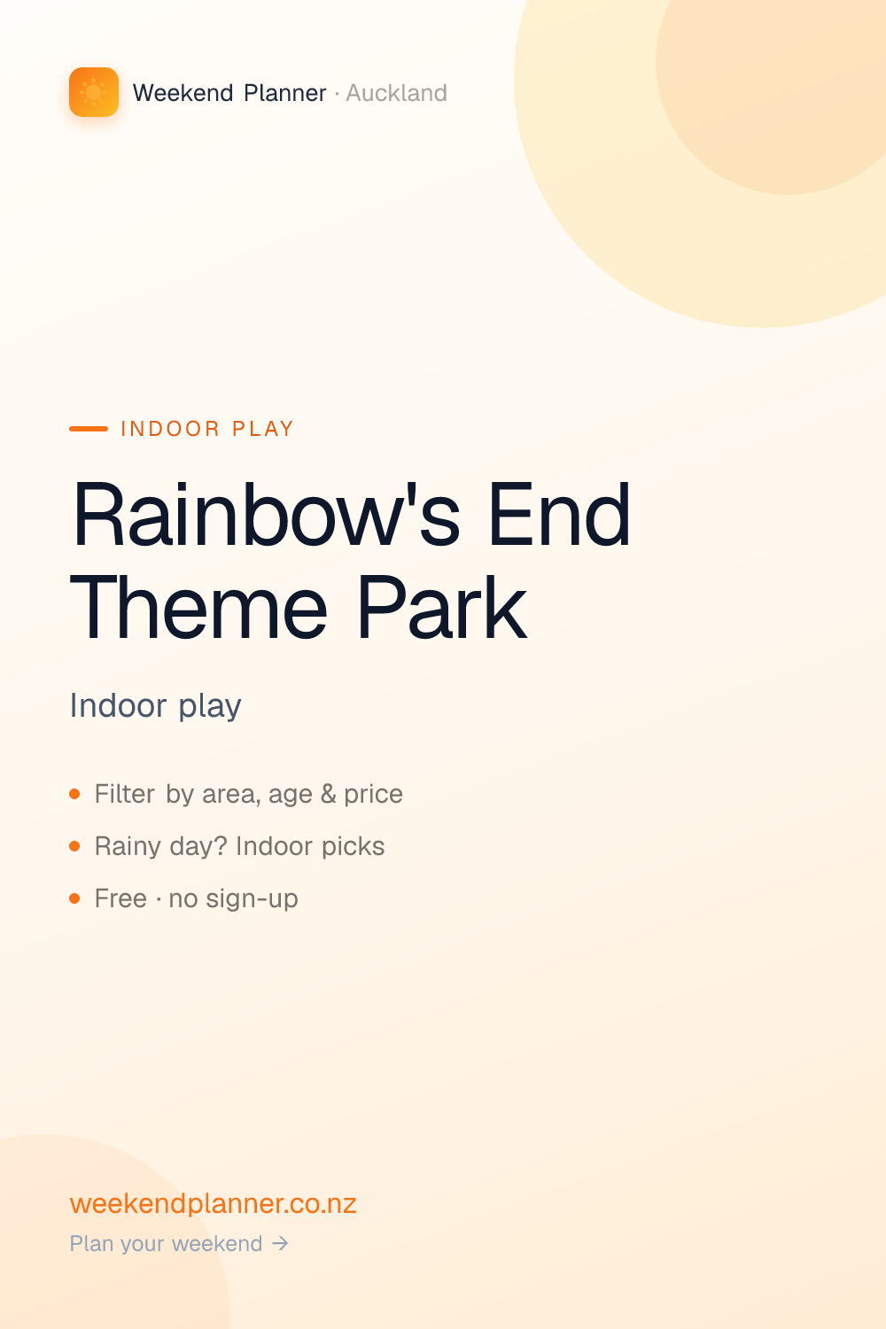 Rainbow's End Theme Park — South Auckland. Rides and fun as the weather warms, a great family day out. Ages 4–17. Filter Auckland family spots by area, age and price. Free to browse, no sign-up. #aucklandwithkids #indoorplay #thingstodoauckland #nzfamilies