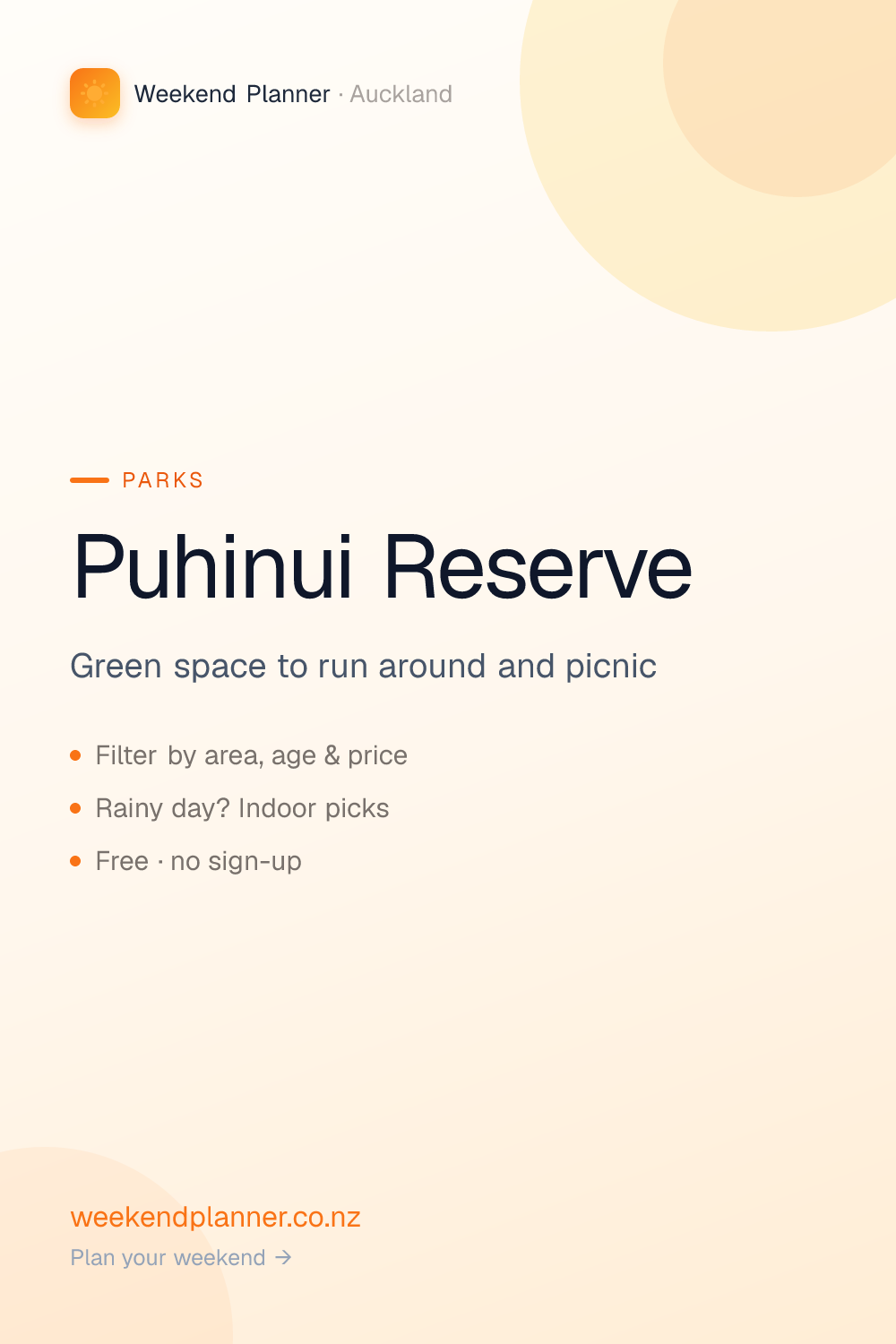 Puhinui Reserve — South Auckland. Spot baby birds and fresh greenery, then play in the spring sunshine. Free entry. All ages. Filter Auckland family spots by area, age and price. Free to browse, no sign-up. #aucklandwithkids #park #thingstodoauckland #nzfamilies