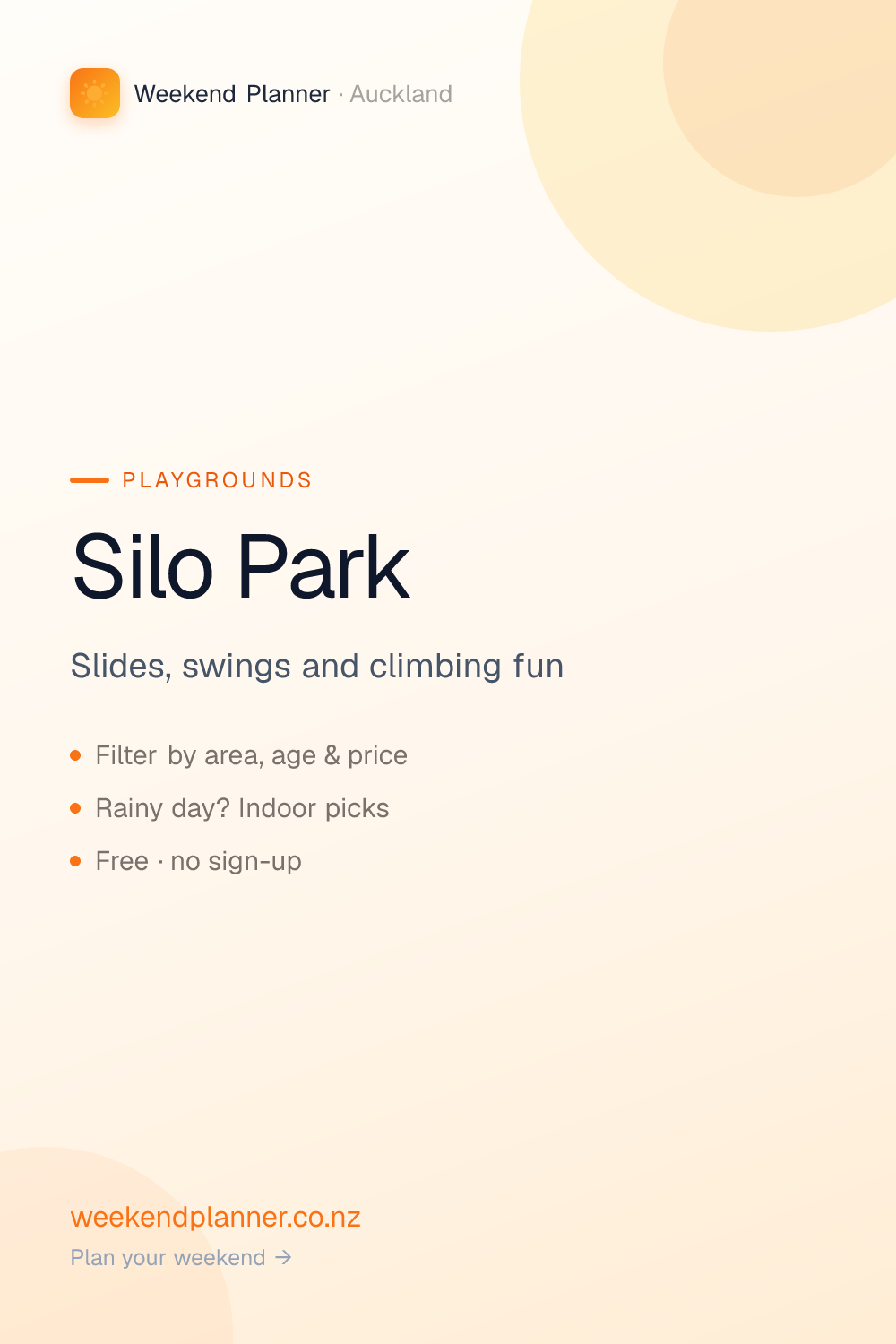 Silo Park — Central Auckland. Fresh harbour breezes, open play space and the waterfront coming back to life. Free entry. Ages 0–12. Filter Auckland family spots by area, age and price. Free to browse, no sign-up. #aucklandwithkids #playground #thingstodoauckland #nzfamilies